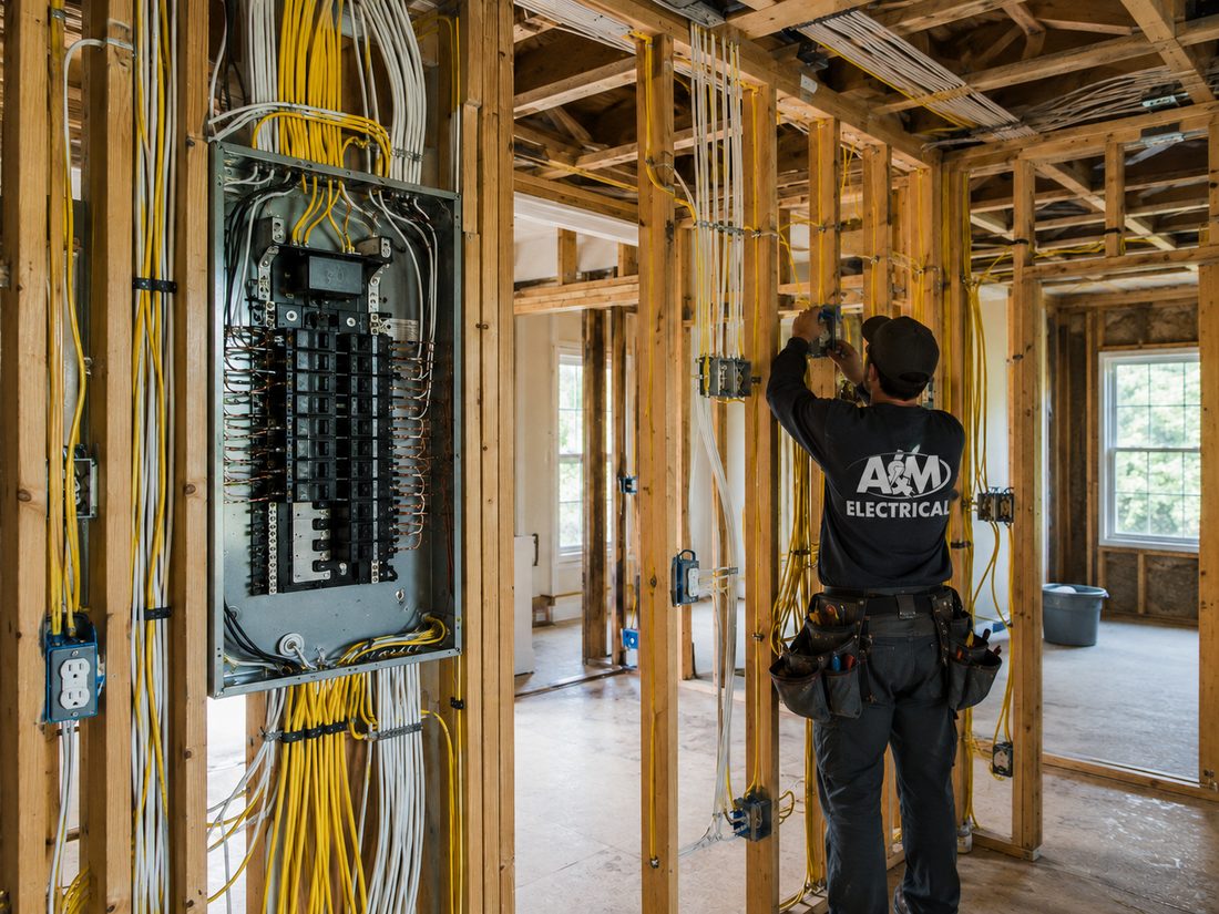 A&M Electrical technician running new wiring during a whole-home rewire